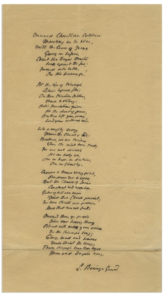 Sabine Baring-Gould Autograph Lyrics Signed to His Iconic Hymn, ''Onward, Christian Soldiers''